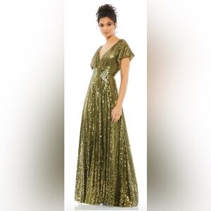 Mac Duggal Green Sequined Butterfly Sleeve Wrap Over A Line Gown